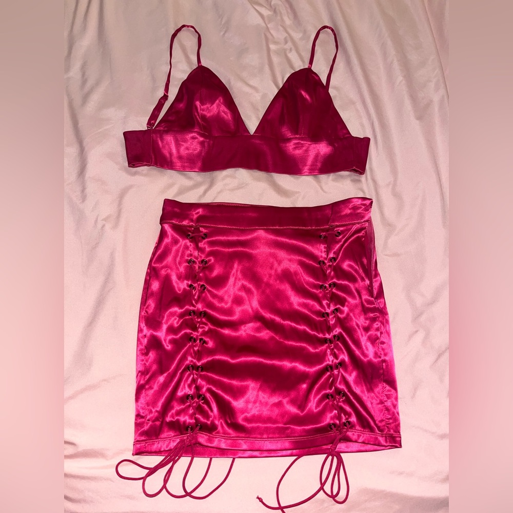 Fashion nova satin pink skirt set